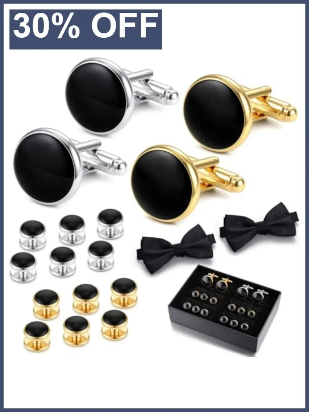 Tuxedo Cufflinks & Studs Set with Bow Tie, 16k Gold Plated Brass Formal